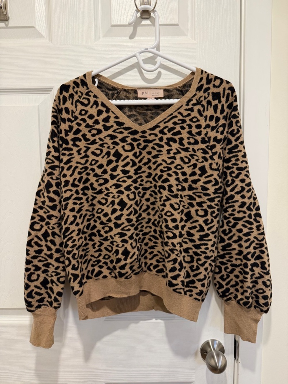 Philosophy Leopard Print V-Neck Sweater in Tan and Black